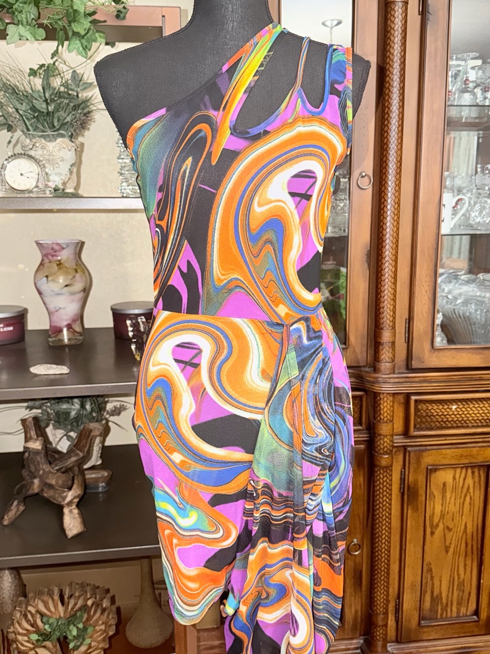 One-Shoulder Swirl Print Dress in Orange, Purple, Black